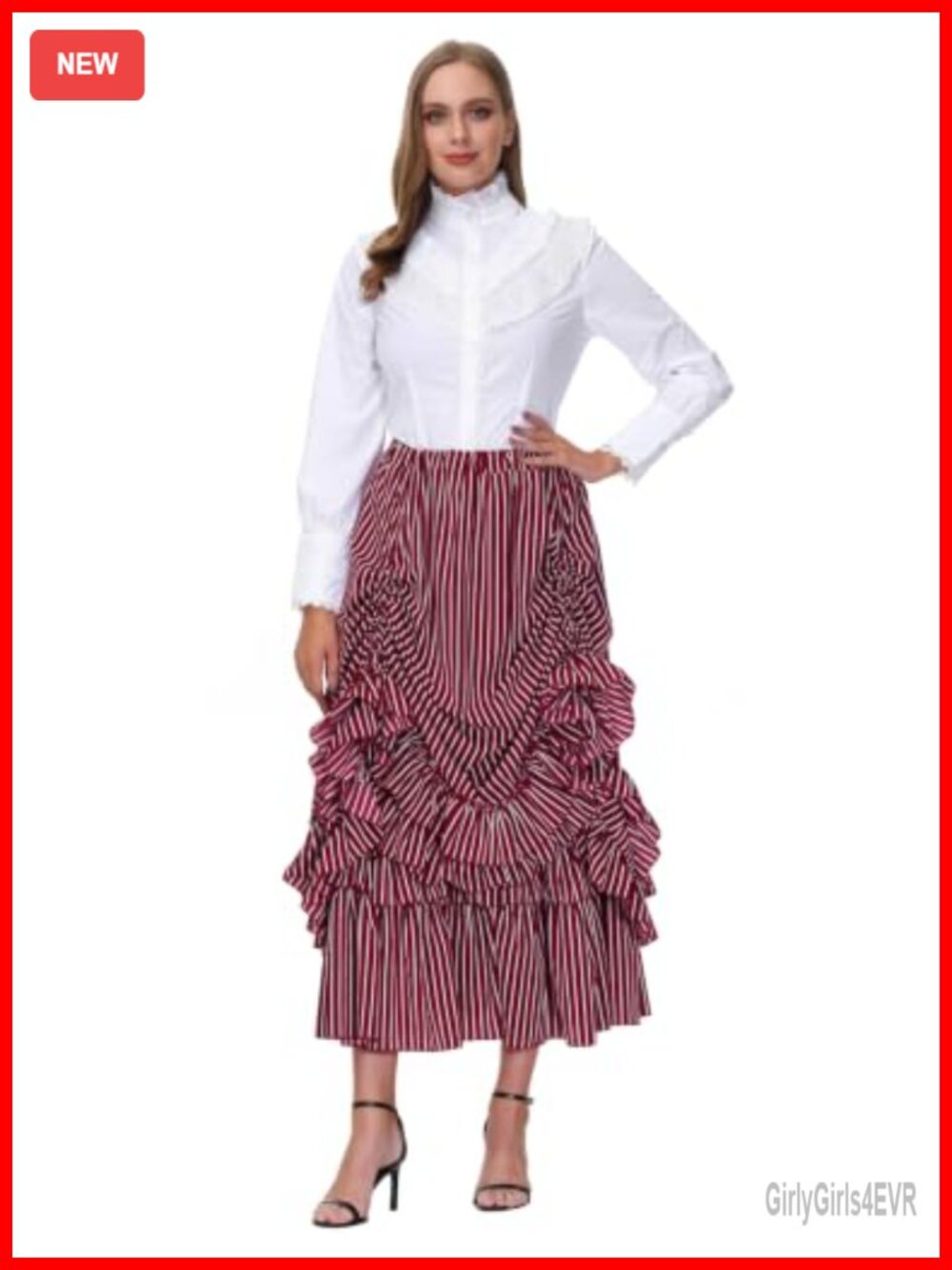 Victorian Gothic Steampunk Striped Ruffled Full Skirt Drawstring - Picture 5 of 6